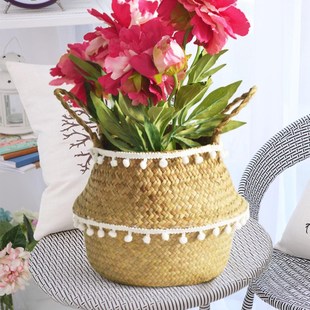 Folding Straw Flower Planter Pot Home Garden Bellied Basket