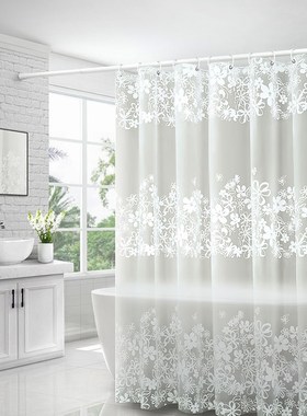Printed white shower curtain with hooked PEVA   bathroom tra