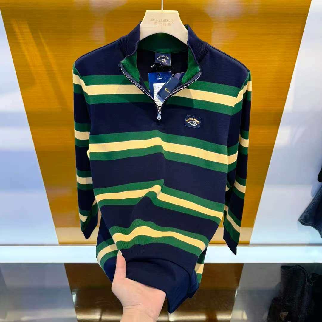 BRAVESHARK/正品时尚潮条纹POLO男长袖套头立领卫衣5949