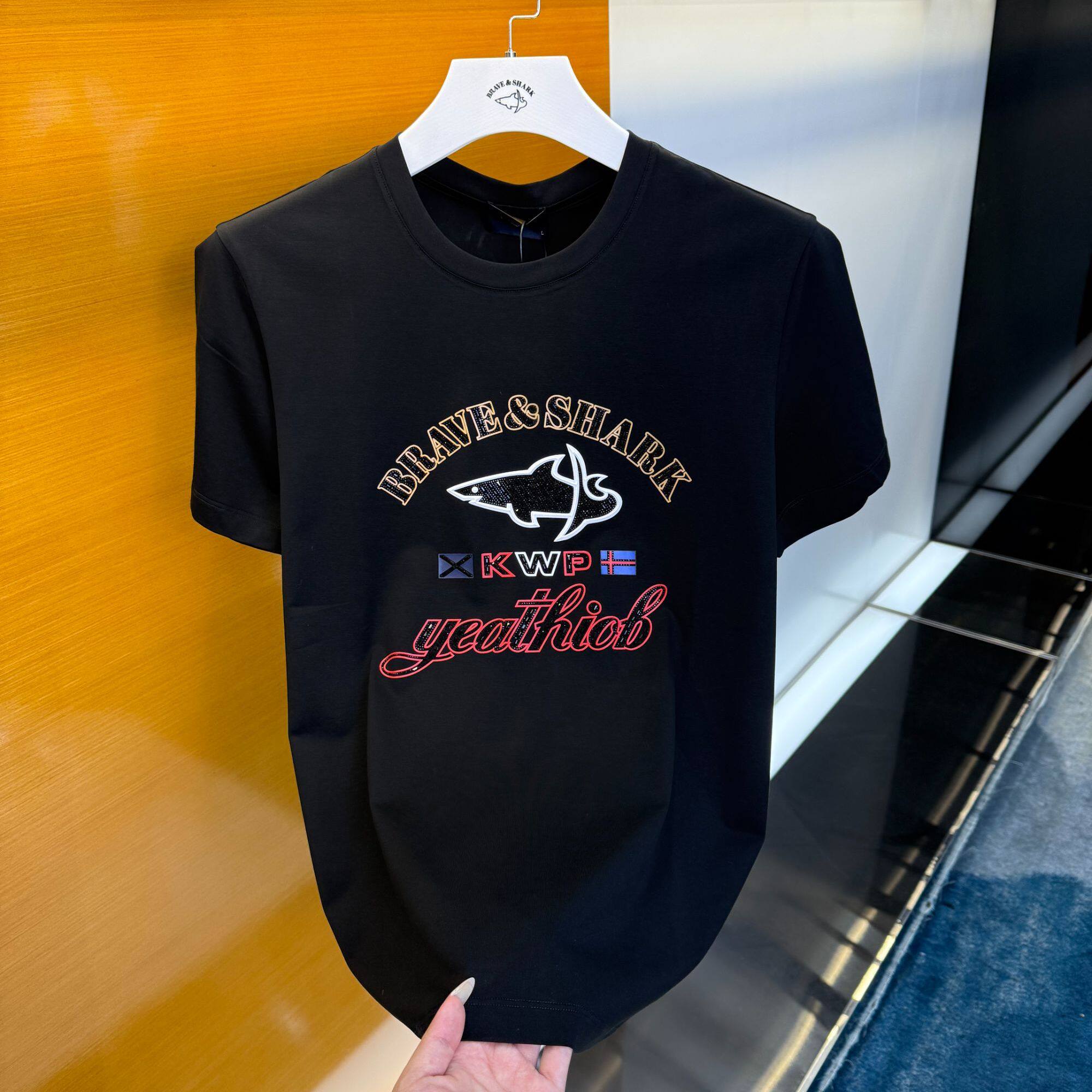 勇士鲨鱼男士高奢棉T恤衫2025新款百搭短袖宽松圆领男士高端体恤