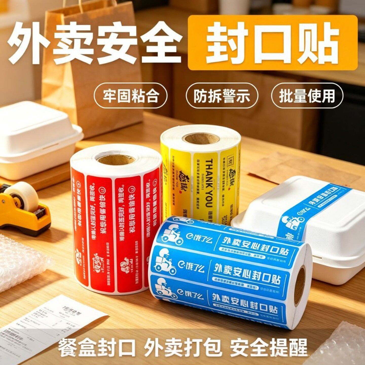 外卖打包袋专用封口贴纸餐饮外卖防拆标签贴纸外卖餐盒密封不干胶
