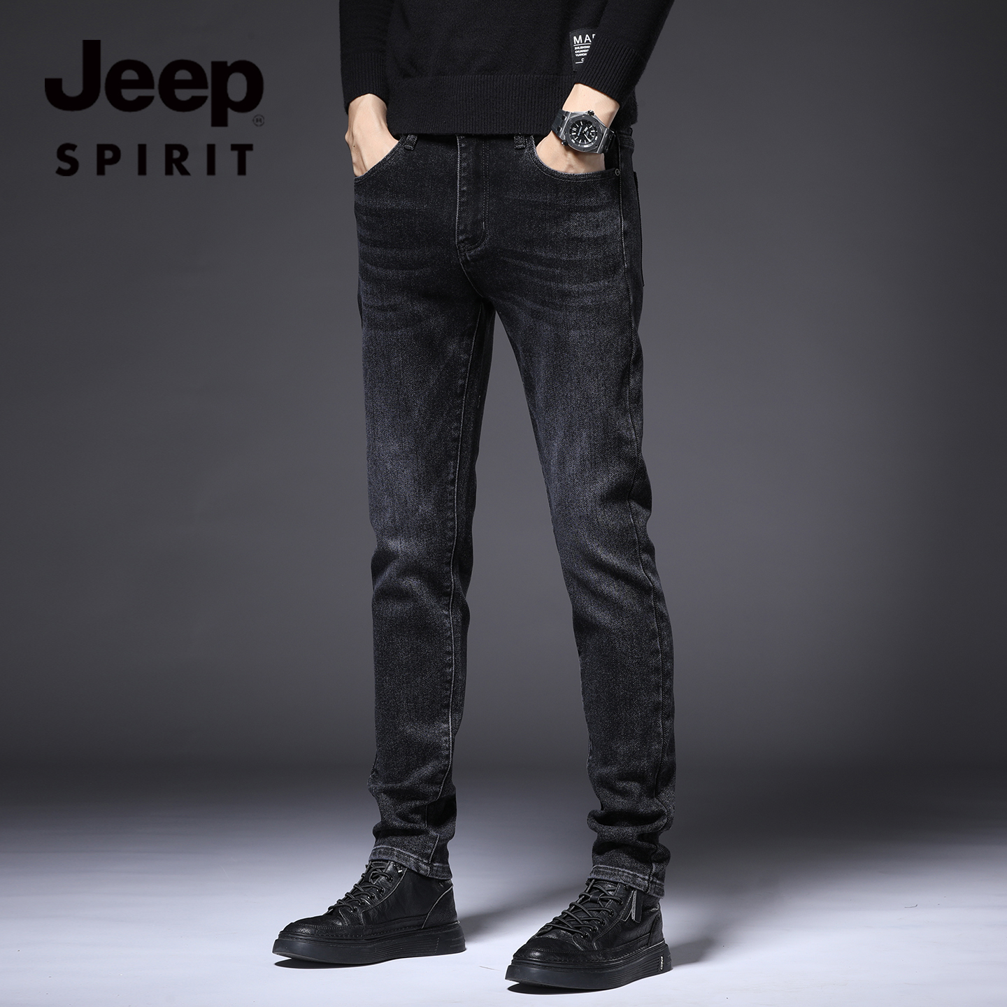 吉普牛仔裤男士2025冬季新款弹力修身小脚百搭加绒加厚休闲长裤子