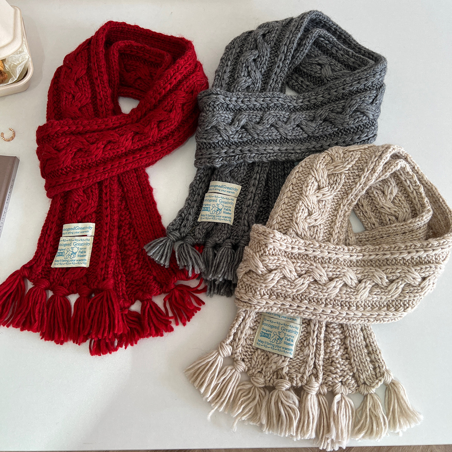 意大利BV新年红色麻花毛线针织围脖女秋冬季甜妹圣诞窄版流苏围巾