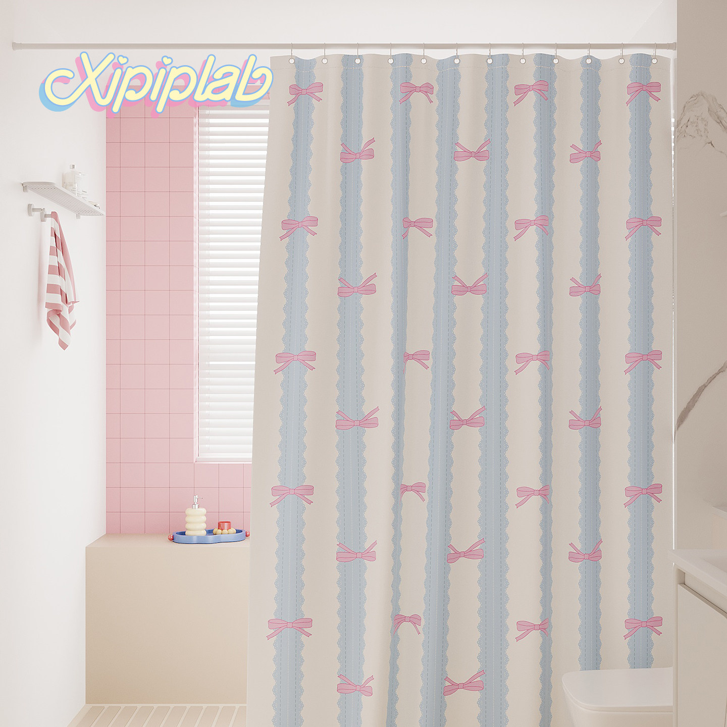 xipiplab可爱卡通少女风浴室浴帘家用防水免打孔隔断挂帘挂布