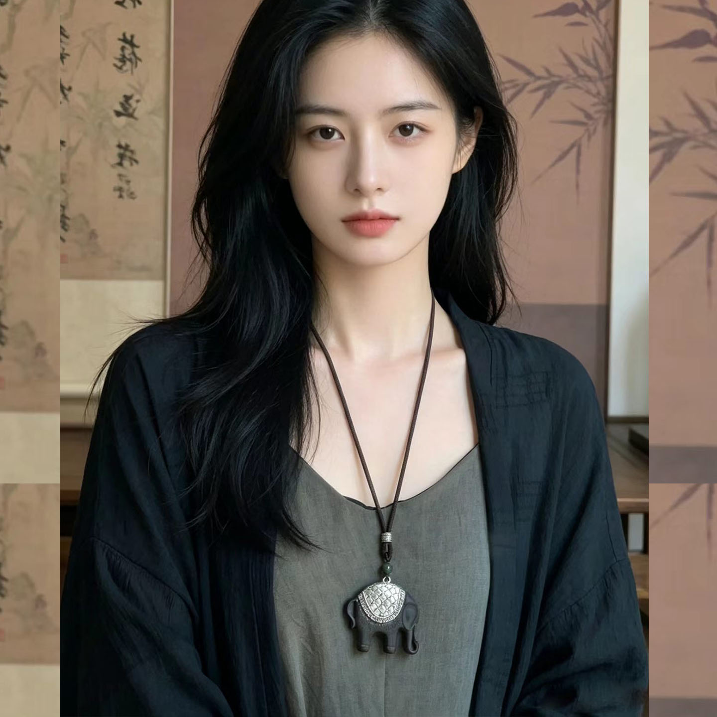 复古禅意黑檀木吉象项链女款挂件