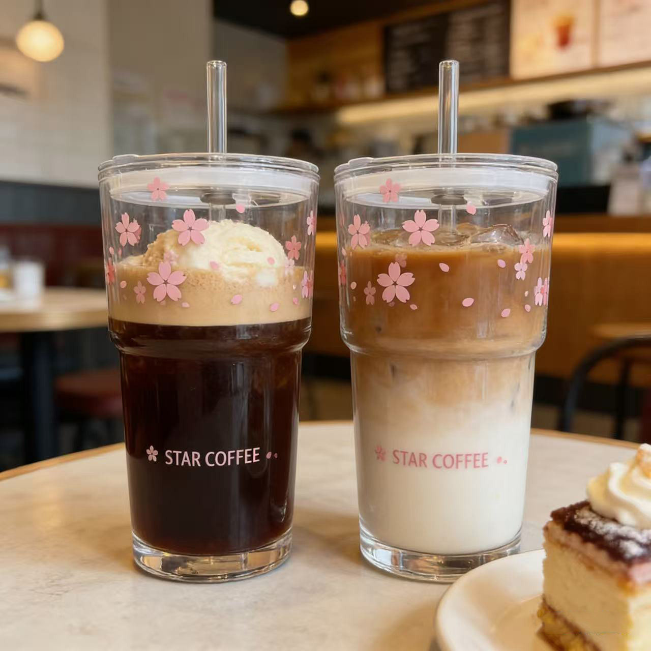 加厚无铅樱花玻璃杯高颜值大容量咖啡杯透明水杯办公室居家杯子