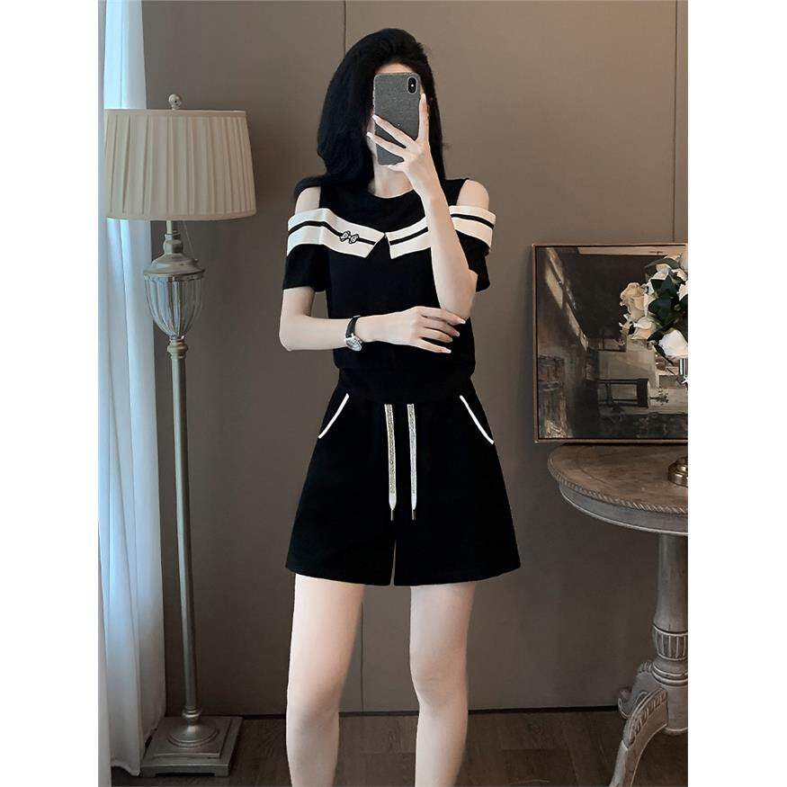 网红炸街运动休闲套装女夏小个子时尚减龄洋气露肩短袖短裤两件套