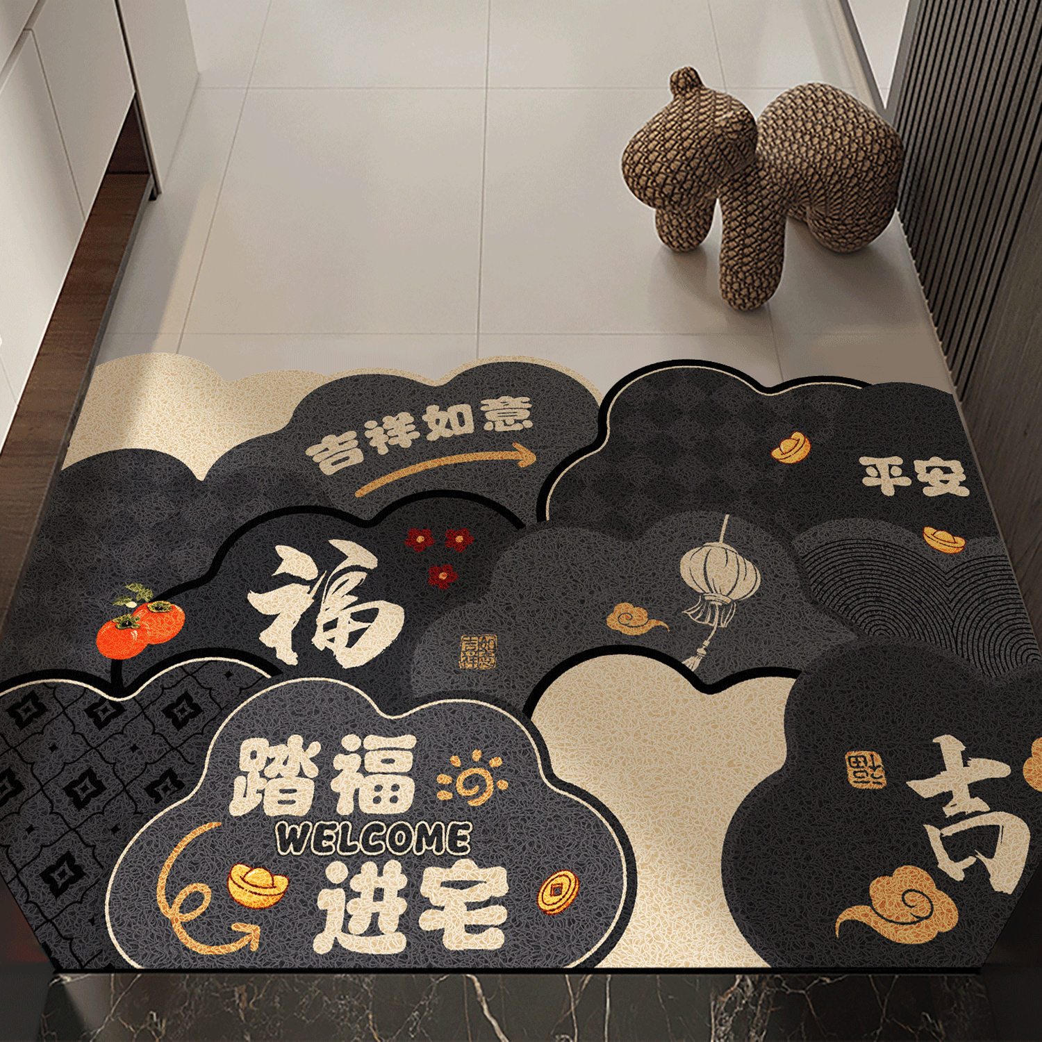 2025新款高级新中式入户门地垫丝圈黑色门口进门脚垫子地毯可裁剪