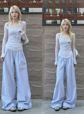 175高个子加长180蓝色阔腿休闲裤女高腰宽松美式慵懒遛弯拖地裤子