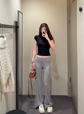 175高个子加长低腰灰色休闲裤女夏季薄款假两件微喇瑜伽运动裤子