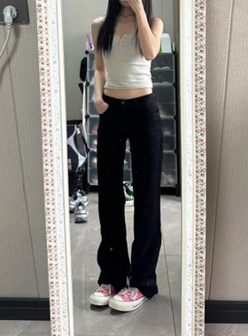 黑色高腰直筒牛仔裤女175高个子加长180春夏修身烟管堆堆窄版裤子