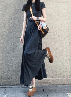 170高个子加长175灰色莫代尔半身裙褶皱中长款垂感纯色大摆长裙女