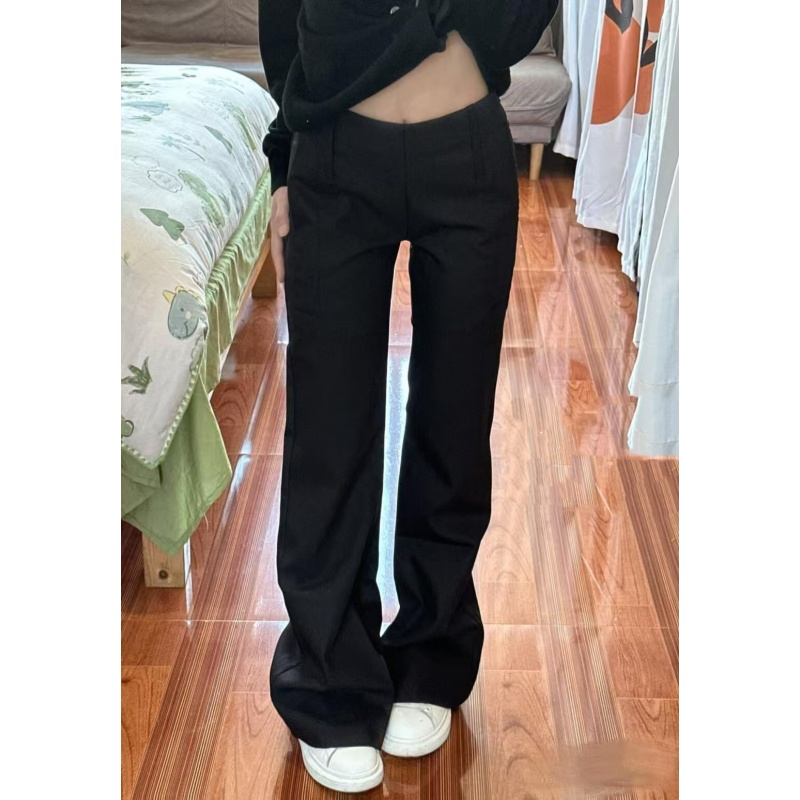 设计感黑色休闲微喇西装裤女超长
