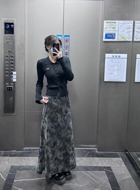 170高个子加长175黑色复古扎染半身裙女春季松紧高腰a字气质长裙