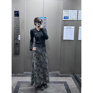 170高个子加长175黑色复古扎染半身裙女春季 松紧高腰a字气质长裙