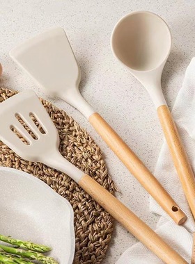 中式木柄硅胶铲烹饪锅铲不粘锅家用厨房好物套装白色硅胶厨具锅勺