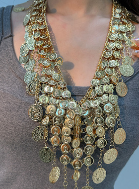 Temu爆款复古钱币项链 时尚设计性感多层流苏硬币吊坠金属项链女