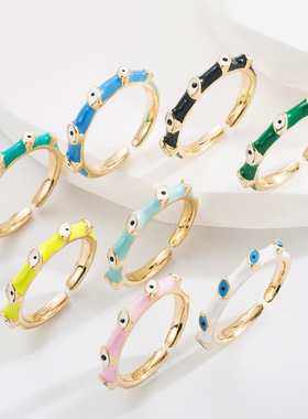 欧美跨境新款创意潮流恶魔之眼滴油戒指开口可调个性指环饰品现货