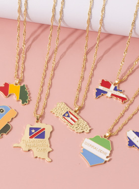 欧美跨境爆款时尚饰品多色滴油Country map项链时尚饰品厂家直销