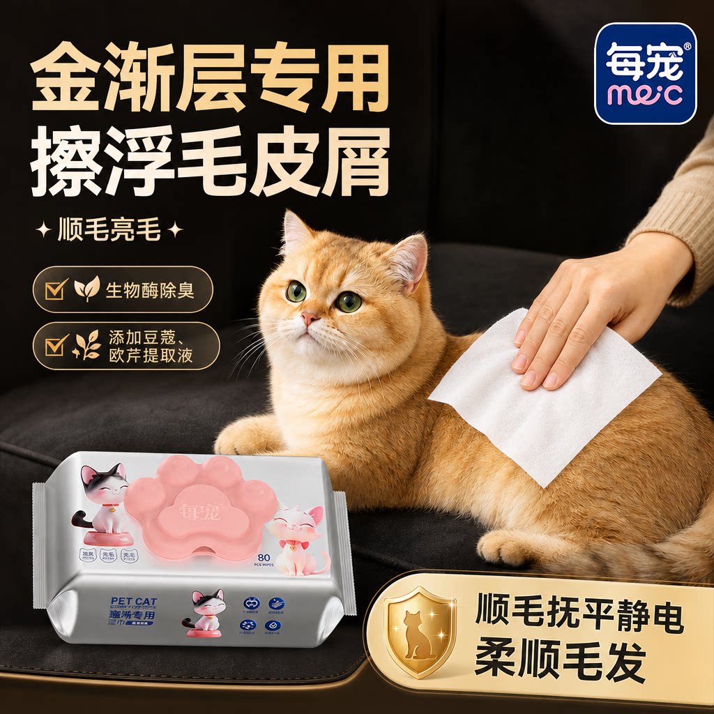猫咪清洁湿巾擦走浮毛顺毛亮毛