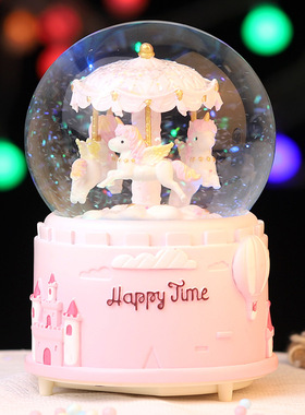 创意粉色旋转木马水晶球树脂工艺装饰摆件八音盒生日七夕礼物女生