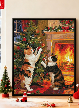 DC蒂彩钻石画2026新款圣诞猫咪十字绣手工DIY家居装饰画客厅挂画