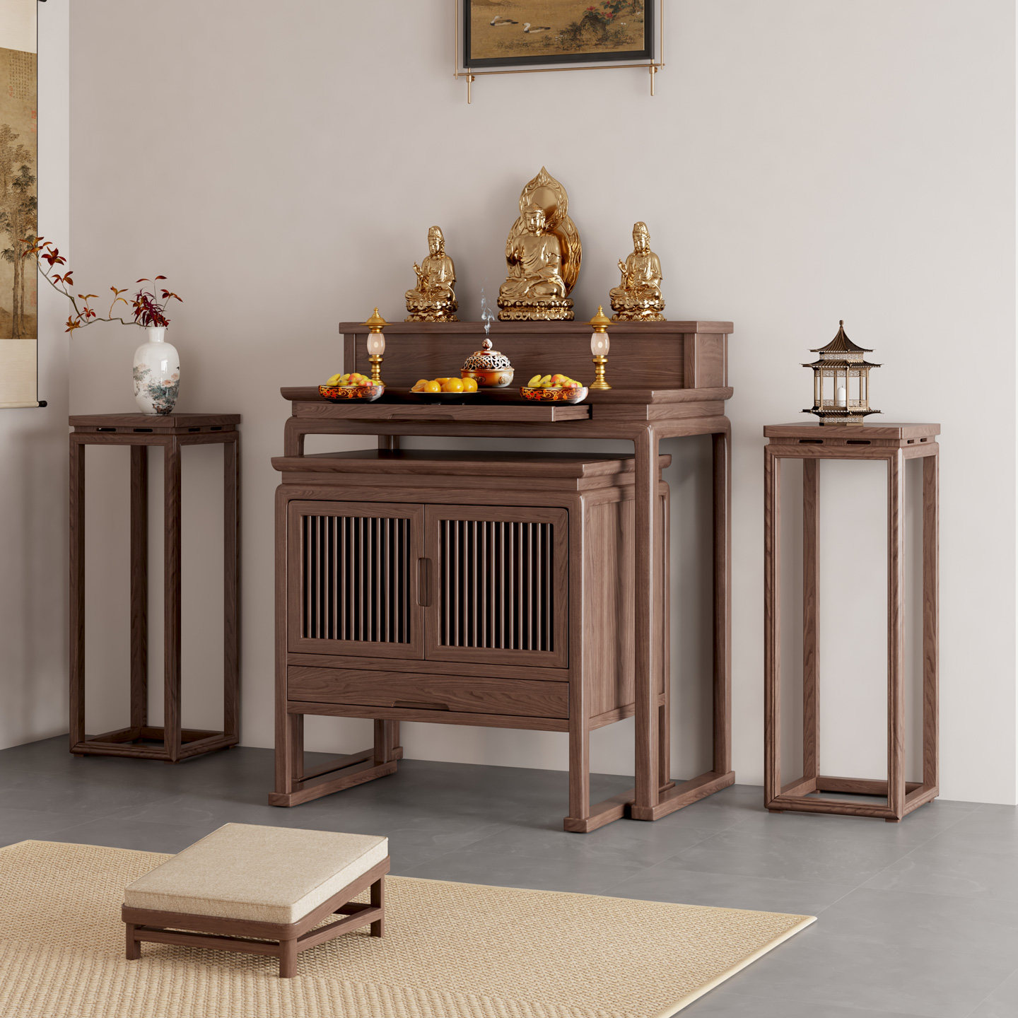 带门供桌神台实木黑胡桃木供桌香案家用双层供桌香案桌财神菩萨桌