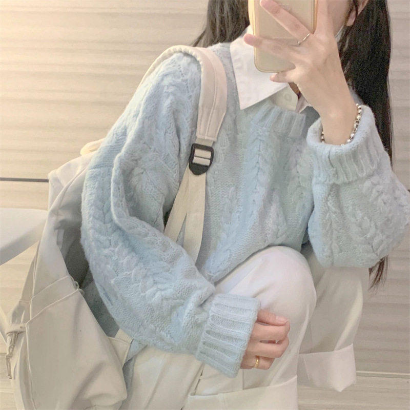 蓝色毛衣女秋冬季日系慵懒软糯奶毛针织衫