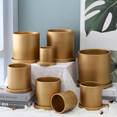 亚光金色陶瓷圆柱形花盆北欧简约家居客厅室内外绿植多肉鲜花带托