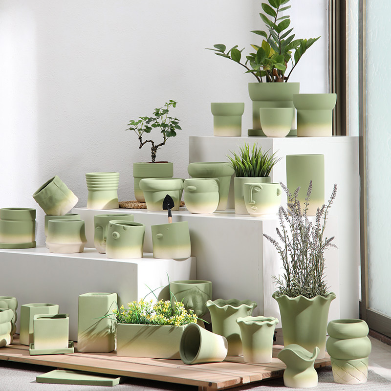 创意渐变绿色工艺素烧陶瓷花盆透气吸水粗陶土带托盘种植盆栽鲜花,鲜花速递/花卉仿真/绿植园艺,花盆,淘宝优惠券,粉丝福利购,淘宝优惠卷