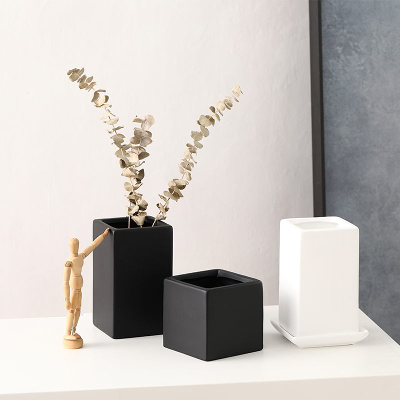 陶瓷北欧ins四方形花盆带托盘