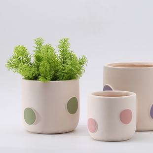 北欧手绘上色陶瓷素胚花盆有孔带底座自吸水陶土罐绿植多肉蝴蝶兰