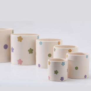 奶油风彩印手工素烧陶瓷白陶土花盆圆筒自吸水仙人掌多肉绿植花卉