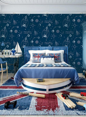 儿童房高经墙布地中海蓝色男女孩可爱卡通公主房卧室环保无缝壁布