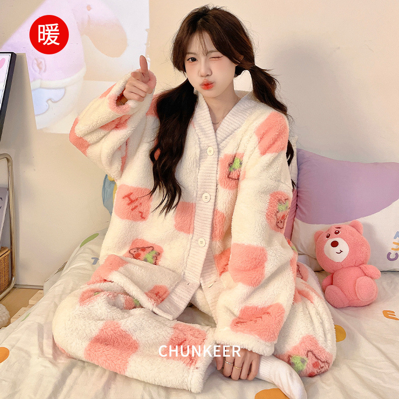 和服领睡衣女秋冬季珊瑚绒加绒加厚保暖家居服长毛绒甜美暖暖