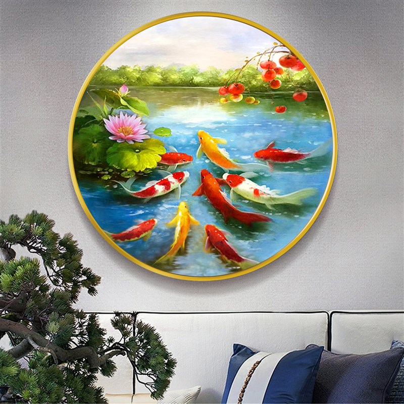 爆款荷花九鱼手绘油画新中式玄关装饰画轻奢客厅餐厅壁画简约圆形图片