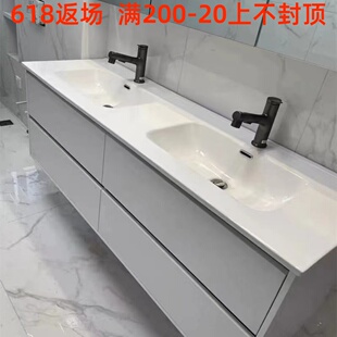北欧轻奢陶瓷一体双盆浴室柜组合卫生间智能实木洗漱手脸台池 爆款