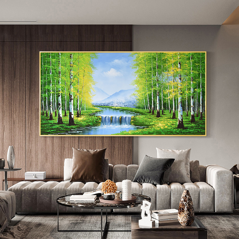 爆款手绘风景油画白桦林简约现代客厅装饰画美式横版挂画绿色树林