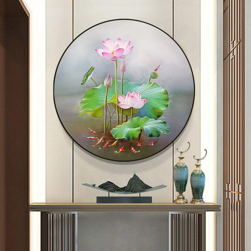 优选荷花九鱼手绘油画新中式玄关装饰画客厅餐厅壁画轻奢简约圆形图片