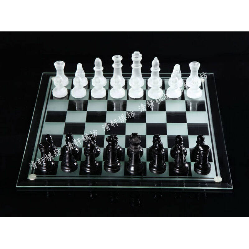 国际象棋水晶玻璃象棋水晶35*35CM大号棋盘透明黑白棋子磨砂王7.6