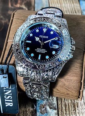 芬仕正品复古雕刻高档男士石英表男生潮流日历时尚蝴蝶扣2021新款