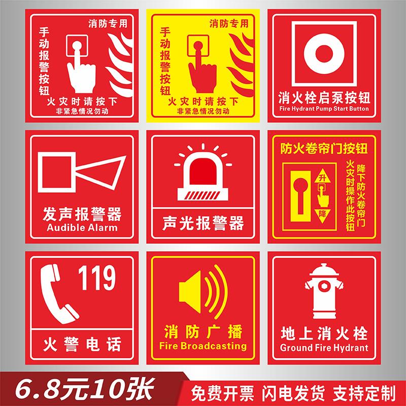 消防手报按钮标识灭火器消火栓使用方法贴纸消防器材灭火器放置点提示牌防火门排烟口防火卷帘门声光报警器贴