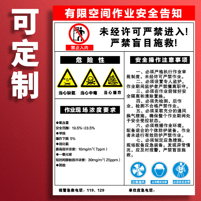 有限空间作业安全告知牌标识牌受限空间警示牌贴未经许可严禁进入严禁盲目施救密闭空间提示牌危险提示贴定制