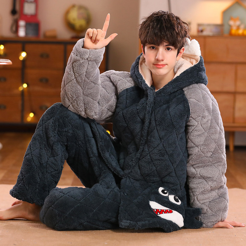 冬季青少年男孩法兰绒加厚夹棉套装家居服大童男童男生珊瑚绒睡衣