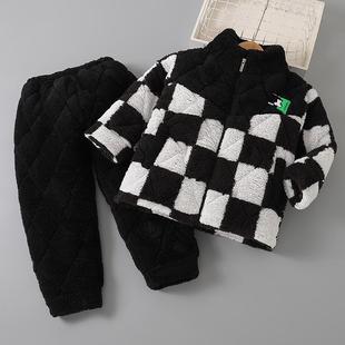 儿童三层加厚款夹棉睡衣冬季男童男孩法兰绒套装女童珊瑚绒家居服