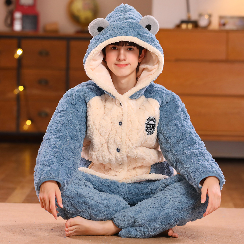 青少年冬季三层加厚夹棉睡衣