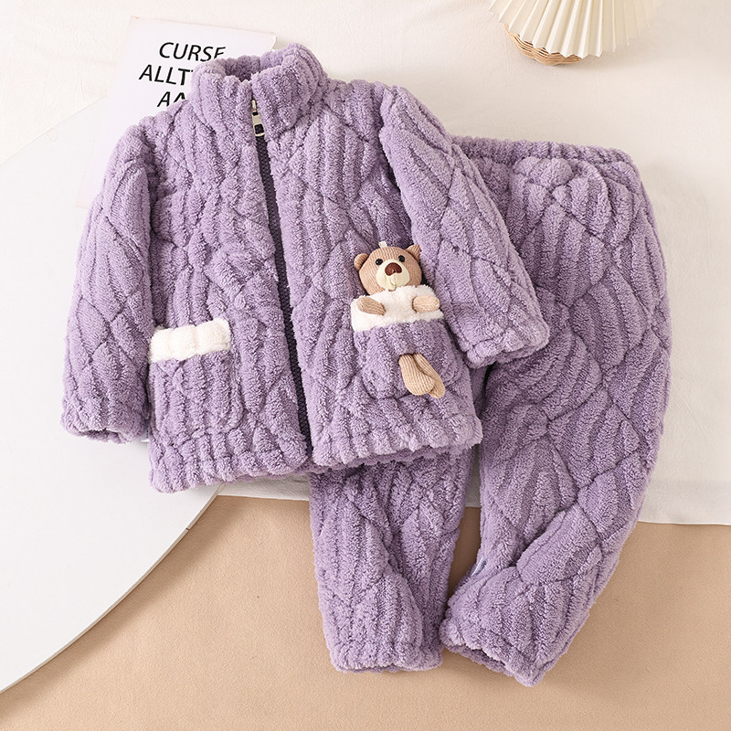 儿童三层加厚加绒冬季男孩男童珊瑚绒夹棉袄睡衣女童法兰绒家居服