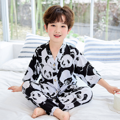 儿童夏季棉绸睡衣七分袖薄款女孩宝宝绵绸套装男童女童空调家居服