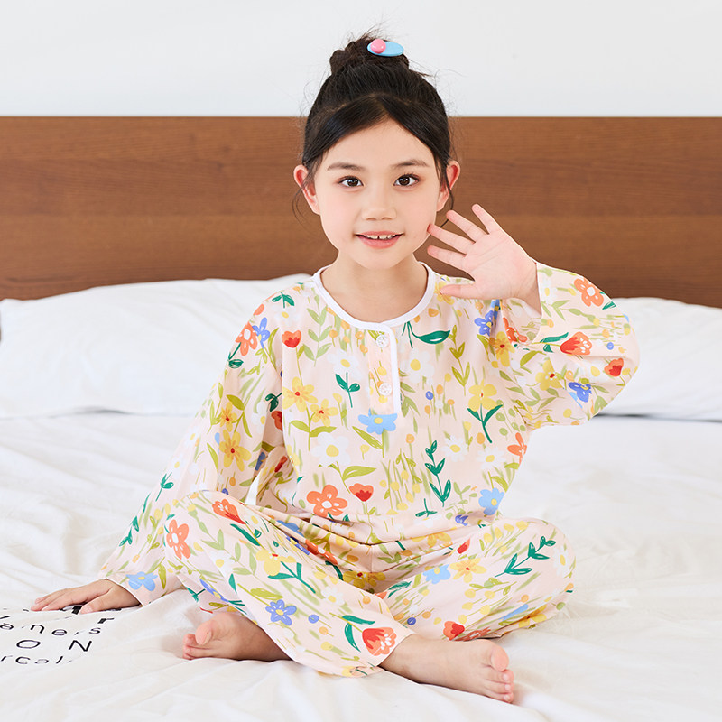 夏季女童儿童棉绸套装男童长袖空调服女孩绵绸宝宝家居服薄款睡衣