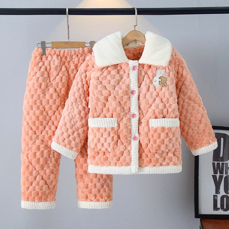 冬季儿童睡衣加厚法兰绒套装男童女童三层夹棉袄加绒珊瑚绒家居服